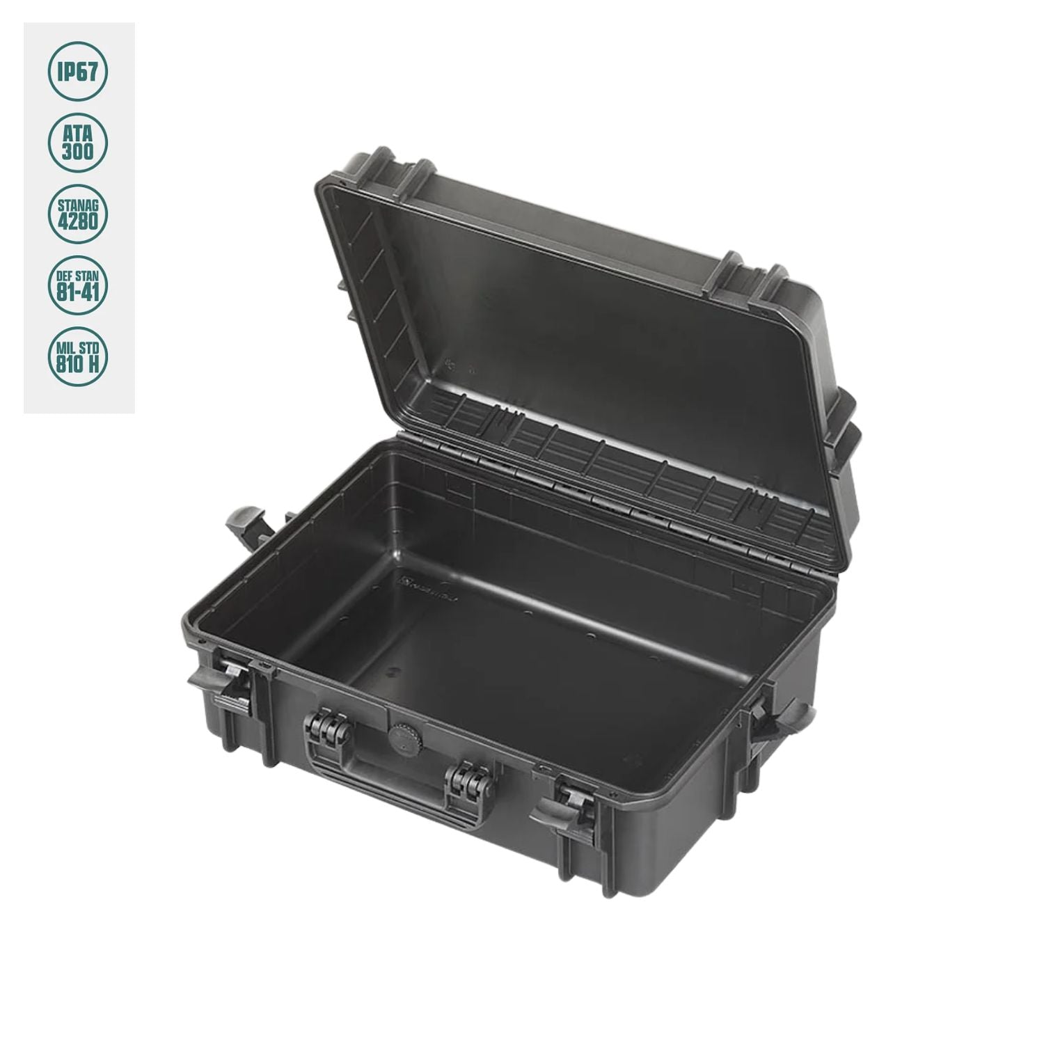 Waterproof photography hard case, black, open with foam-lined interior tray